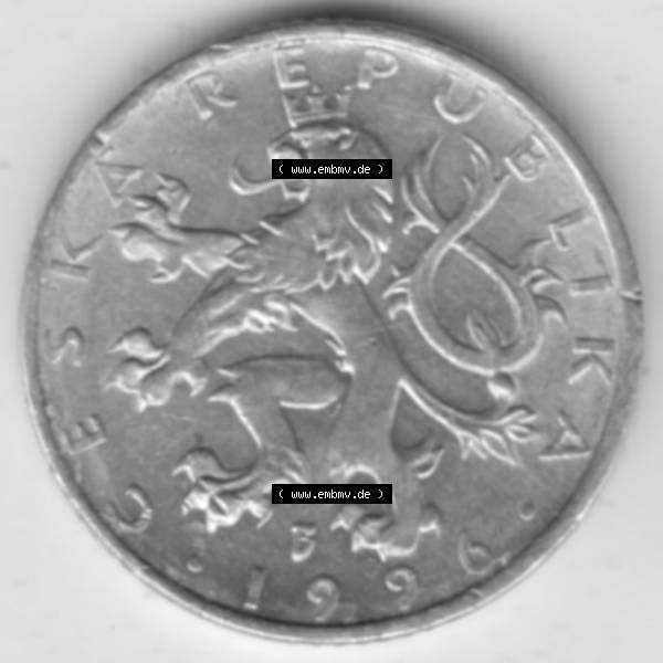 Grau bzw. s/w Münzen Tschechien Umlaufmünze 1993-2008, 50 Heller. Vorderseite der Münze aus Tschechien als Bildmaterial für Sammler und Münzen-Webseiten hier im online Katalog und... Sammlung Graustufen