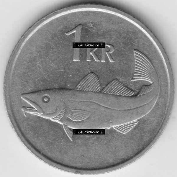 Grau bzw. s/w Münzen Island Umlaufmünze 1981-1987, 1 KR, Krone. Rückseite der alten Isländischen Umlaufmünze aus Island in Isländischen Kronen-Währung zum katalogisieren... Sammlung Graustufen