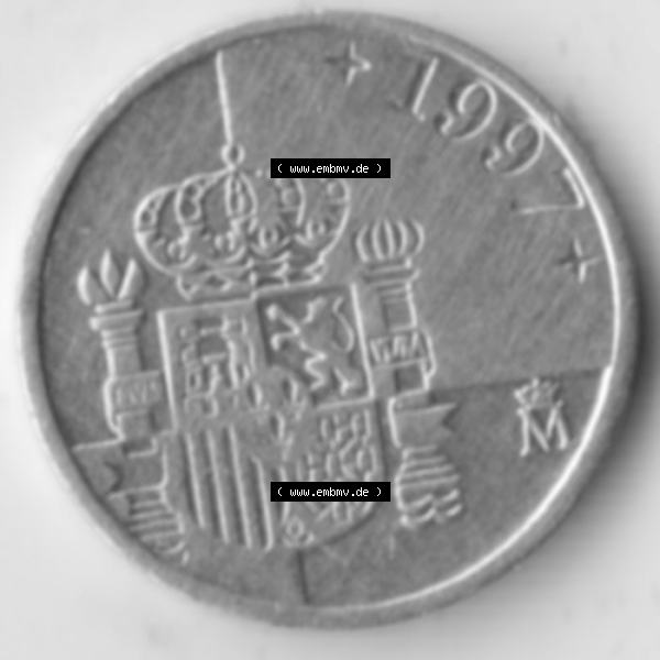 Grau bzw. s/w Münzen Spanien Umlaufmünze 1989-2001, 1 Pesete 1997. Vorderseite der alten Peseten Umlaufmünze aus Spanien vor Einführung der Euromünzen in Spanien zum katalogisieren... Sammlung Graustufen