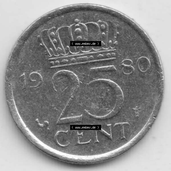 Grau bzw. s/w Münzen Niederlande Umlaufmünze 1950-1980, 25 Cent 1980, Bild mit Vorderseite der Münze als Bildmaterial Sammlung Graustufen
