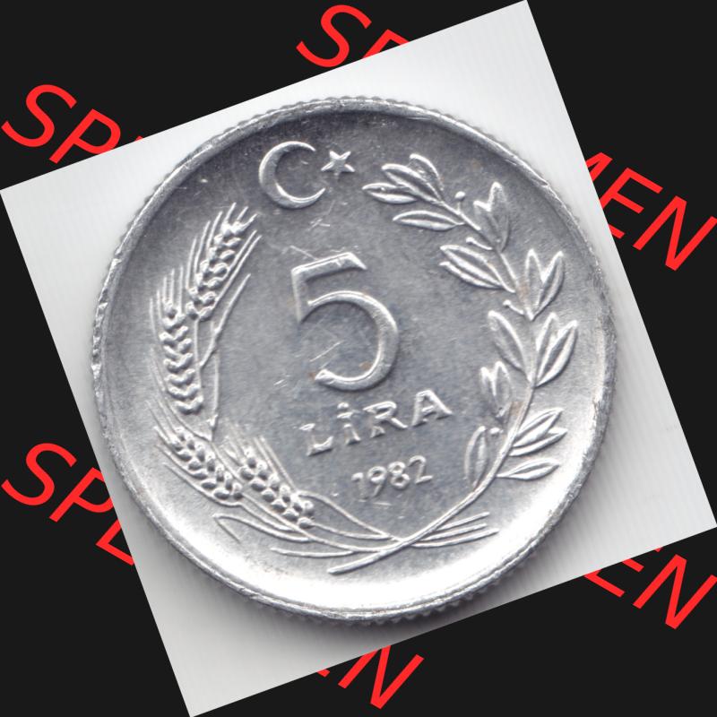 Münzen Türkei Umlaufmünze 1982-1982, 5 Lira. Vorderseite der Münze der Türkei als Bildmaterial für Sammler und Münzen-Webseiten hier im online Katalog und... Sammlung