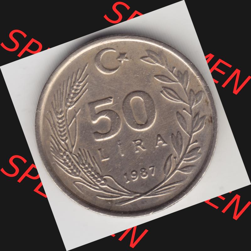 Münzen Türkei Umlaufmünze 1984-1987, 50 Lira - Lire. Vorderseite der Münze der Türkei als Bildmaterial für Sammler und Münzen-Webseiten hier im online Katalog... Sammlung