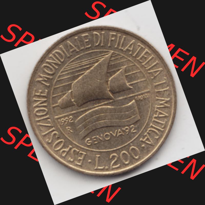 Münzen Italien Gedenkmünze 1992-1992, 200 Lire Briefmarkenausstellung in Genua. Vorderseite der alten italienischen Münze aus Italien in der italienischen Lira-Währung... Sammlung