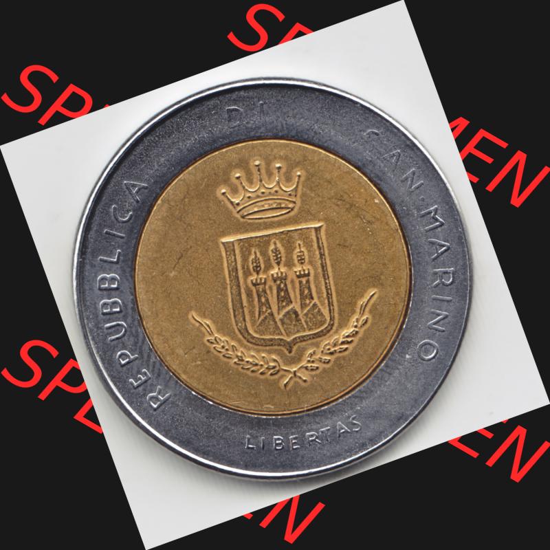 Münzen San Marino Gedenkmünze 1983-1983, 500 Lire Bedrohung durch einen Atomkrieg. Wappen der 500 Lire Gedenkmünzen von San Marino Eurovorläufer als Bildmaterial im online... Sammlung