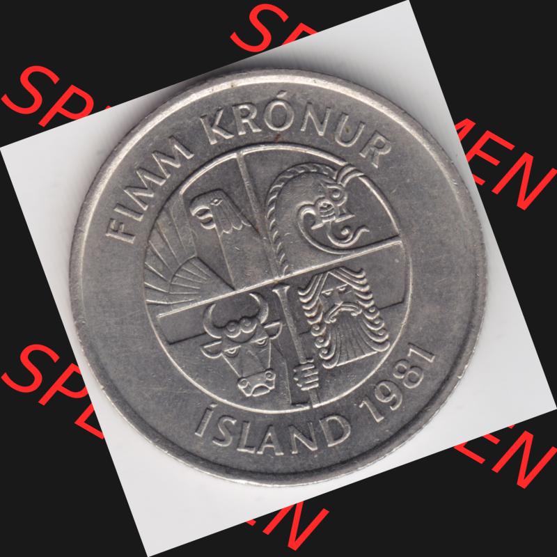 Münzen Island Umlaufmünze 1981-1992, 5 KR Kronur, Kronen 1981. Vorderseite der alten Isländischen Umlaufmünze aus Island in Isländischen Kronen-Währung... Sammlung