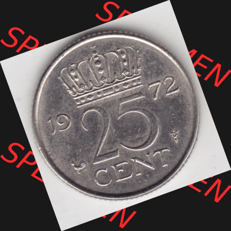 Münzen Niederlande Umlaufmünze 1950-1980, 25 Cent 1972, Bild mit Vorderseite der Münze als Bildmaterial Sammlung