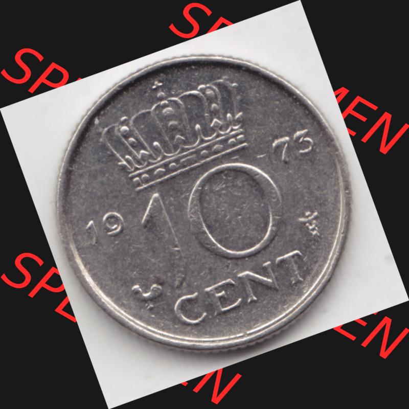 Münzen Niederlande Umlaufmünze 1950-1980, 10 Cent 1973, Bild mit Vorderseite der Münze als Bildmaterial Sammlung