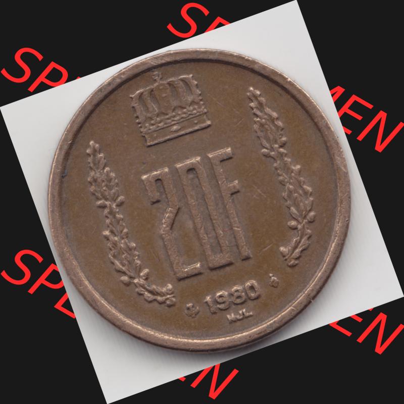 Münzen Luxemburg Umlaufmünze 1980-1983, 20 Francs Franken 1980, Bild mit Vorderseite der Münze als Bildmaterial Sammlung