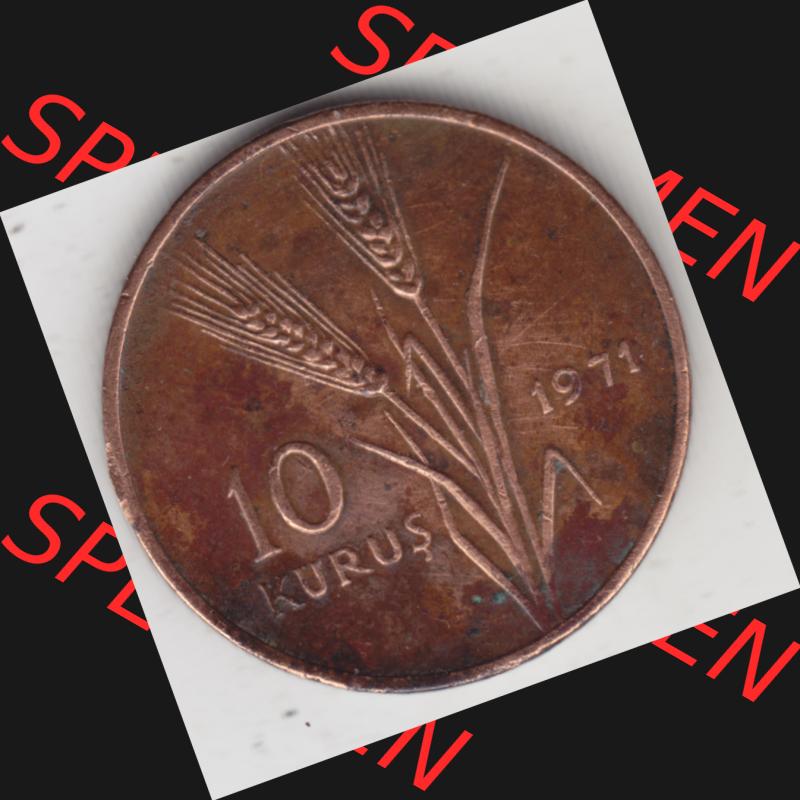 Münzen Türkei Umlaufmünze 1969-1973, 10 Kurus. Vorderseite der Münze der Türkei als Bildmaterial für Sammler und Münzen-Webseiten hier im online Katalog... Sammlung
