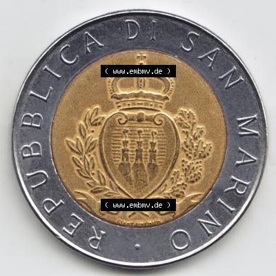 Münzen San Marino Gedenkmünze 1987-1987, 500 Lire 15. Jahrestag - Wiederaufnahme der Münzenprägung. Wappen der 500 Lire Gedenkmünzen von San Marino Eurovorläufer... Sammlung