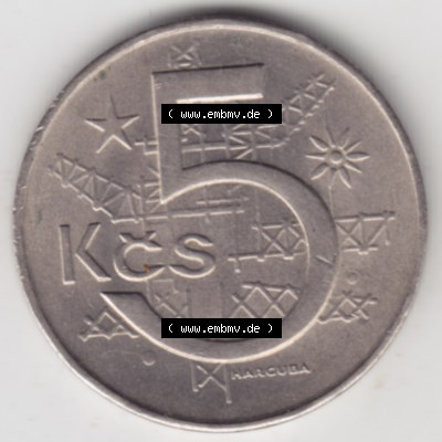 Münzen Tschechoslowakei Umlaufmünze 1966-1990, 5 Kronen. Rückseite der Münze aus Tschechoslowakei als Bildmaterial für Sammler und Münzen-Webseiten hier im online... Sammlung