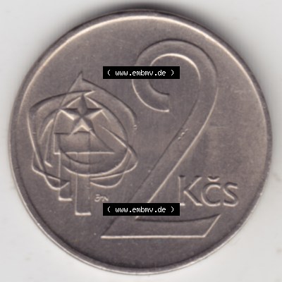Münzen Tschechoslowakei Umlaufmünze 1972-1990, 2 Kronen. Rückseite der Münze aus Tschechoslowakei als Bildmaterial für Sammler und Münzen-Webseiten hier im online... Sammlung