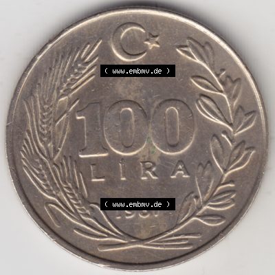 Münzen Türkei Umlaufmünze 1984-1988, 100 Lira - Lire. Vorderseite der Münze der Türkei als Bildmaterial für Sammler und Münzen-Webseiten hier im online Katalog... Sammlung
