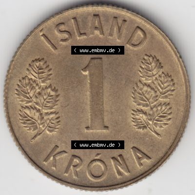 Münzen Island Umlaufmünze 1967-1975, 1 KR Krone 1975. Rückseite der alten Isländischen Umlaufmünze aus Island in Isländischen Kronen-Währung zum katalogisieren... Sammlung