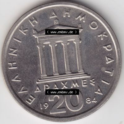 Münzen Griechenland Umlaufmünze 1984, 20 Apaxmee, Drachmen. Vorderseite der alten griechischen Umlaufmünze aus Griechenland in der Drachmen-Währung zum katalogisieren... Sammlung