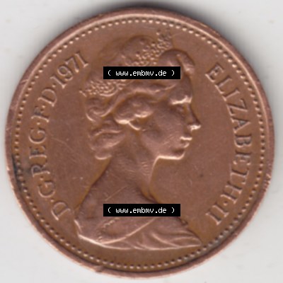 Münzen Großbritannien Umlaufmünze 1971-1981, 1 New Penny 1971. Rückseite der alten britischen Münze aus Großbritannien zum katalogisieren und verwalten im Münzen-Katalog... Sammlung