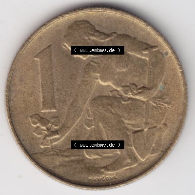 Münzen Tschechoslowakei Umlaufmünze 1991-1992 1 Kcs, Koruna, Kronen. Rückseite der Münze aus Tschechoslowakei als Bildmaterial für Sammler und Münzen-Webseiten... Sammlung