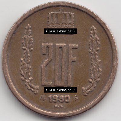 Münzen Luxemburg Umlaufmünze 1980-1983, 20 Francs Franken 1980, Bild mit Vorderseite der Münze als Bildmaterial Sammlung