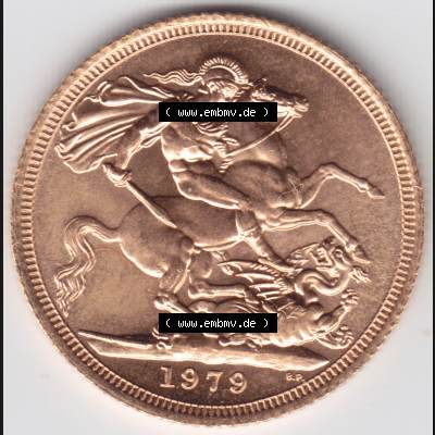 Münzen Großbritannien Goldmünze 1974-1984, 1 Sovereign 1979. Vorderseite der alten britischen Münze aus Großbritannien zum katalogisieren und verwalten im Münzen-Katalog... Sammlung