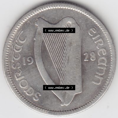 Münzen Irland Umlaufmünze 1928-1937, 1 Schilling, Scillins Silbermünze 1928. Rückseite der alten irischen Umlaufmünze aus Irland in Irische Pfund-Währung... Sammlung