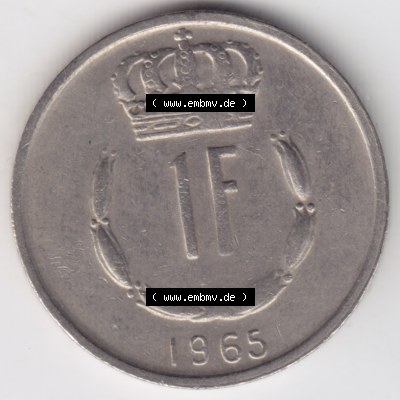 Münzen Luxemburg Umlaufmünze 1965-1984, 1 F, Franc, Franken 1965, Bild mit Vorderseite der Münze als Bildmaterial Sammlung