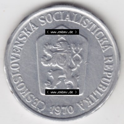 Münzen Tschechoslowakei Umlaufmünze 1961-1971, 10 Heller. Vorderseite der Münze aus Tschechoslowakei als Bildmaterial für Sammler und Münzen-Webseiten hier im online... Sammlung