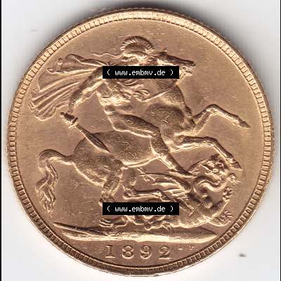 Münzen Großbritannien Goldmünze 1887-1892, 1 Pfund Sovereign 1892. Vorderseite der alten britischen Münze aus Großbritannien zum katalogisieren und verwalten im... Sammlung