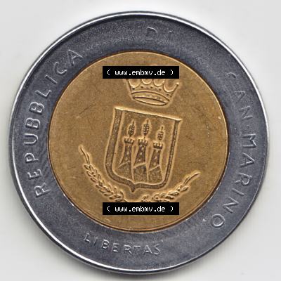 Münzen San Marino Gedenkmünze 1983-1983, 500 Lire Bedrohung durch einen Atomkrieg. Wappen der 500 Lire Gedenkmünzen von San Marino Eurovorläufer als Bildmaterial im online... Sammlung
