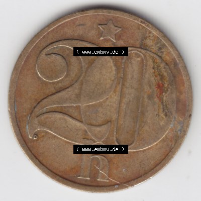 Münzen Tschechoslowakei Umlaufmünze 1972-1990 20 h, Heller, Haleru. Rückseite der Münze aus Tschechoslowakei als Bildmaterial für Sammler und Münzen-Webseiten... Sammlung