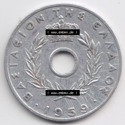 Münzen Griechenland Umlaufmünze 1959, 20 Aenta, Lepta. Rückseite der alten griechischen Umlaufmünze aus Griechenland in der Drachmen-Währung zum katalogisieren... Sammlung