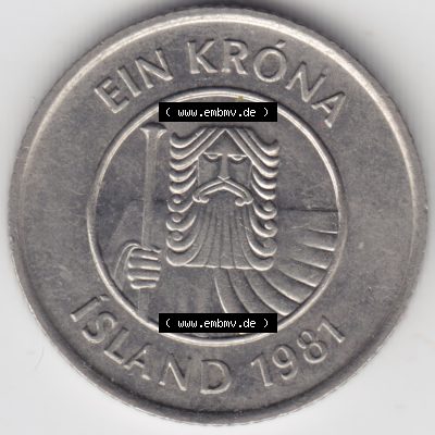 Münzen Island Umlaufmünze 1981-1987, 1 KR, Krone. Vorderseite der alten Isländischen Umlaufmünze aus Island in Isländischen Kronen-Währung zum katalogisieren... Sammlung