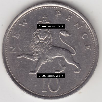 Münzen Großbritannien Umlaufmünze 1968-1981, 10 New Pence 1976. Vorderseite der alten britischen Münze aus Großbritannien zum katalogisieren und verwalten im Münzen-Katalog... Sammlung