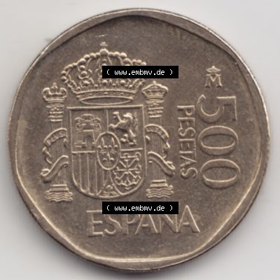 Münzen Spanien Umlaufmünze 1987-1990, 500 Peseten 1988. Vorderseite der alten Peseten Umlaufmünze aus Spanien vor Einführung der Euromünzen in Spanien zum katalogisieren... Sammlung