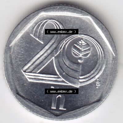 Münzen Tschechien Umlaufmünze 1998-2004, 20 h, 20 Heller. Rückseite der Münze aus Tschechien als Bildmaterial für Sammler und Münzen-Webseiten hier im online... Sammlung