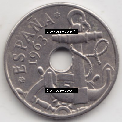 Münzen Spanien Umlaufmünze 1949-1963, 50 Centimos 1963. Rückseite der spanischen Umlaufmünze aus Spanien vor der Euro-Einführung in Spanien zum katalogisieren im spanischen... Sammlung