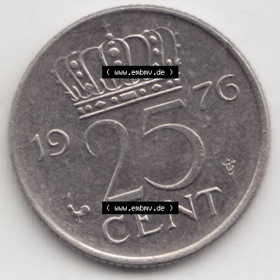 Münzen Niederlande Umlaufmünze 1950-1980, 25 Cent 1976, Bild mit Vorderseite der Münze als Bildmaterial Sammlung