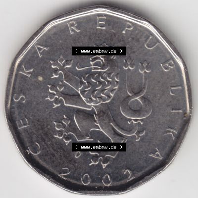 Münzen Tschechien Umlaufmünze 1993-2013, 2 Kc, 2 Kronen. Vorderseite der Münze aus Tschechien als Bildmaterial für Sammler und Münzen-Webseiten hier im online... Sammlung
