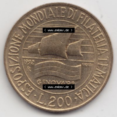 Münzen Italien Gedenkmünze 1992-1992, 200 Lire Briefmarkenausstellung in Genua. Vorderseite der alten italienischen Münze aus Italien in der italienischen Lira-Währung... Sammlung