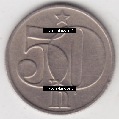 Münzen Tschechoslowakei Umlaufmünze 1978-1990, 50 Heller. Rückseite der Münze aus Tschechoslowakei als Bildmaterial für Sammler und Münzen-Webseiten hier im online... Sammlung
