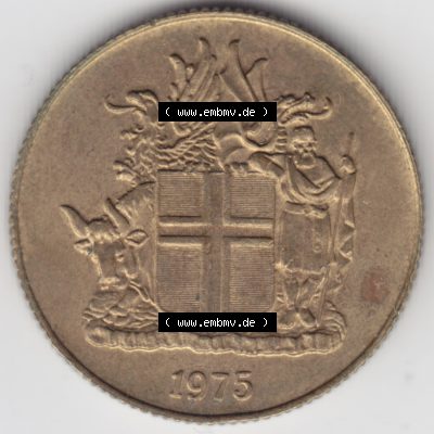 Münzen Island Umlaufmünze 1967-1975, 1 KR Krone 1975. Vorderseite der alten Isländischen Umlaufmünze aus Island in Isländischen Kronen-Währung zum katalogisieren... Sammlung