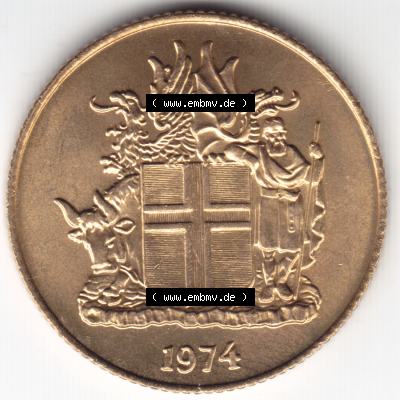Münzen Island Umlaufmünze 1974, 1 Krona, Krone . Vorderseite der alten Isländischen Umlaufmünze aus Island in Isländischen Kronen-Währung zum katalogisieren... Sammlung