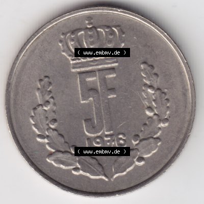 Münzen Luxemburg Umlaufmünze 1971-1981, 5 F, Francs, Franken 1976, Bild mit Vorderseite der Münze als Bildmaterial Sammlung