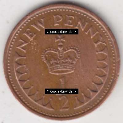 Münzen Großbritannien Umlaufmünze 1971-1981, 1/2 New Penny 1971. Vorderseite der alten britischen Münze aus Großbritannien zum katalogisieren und verwalten im... Sammlung