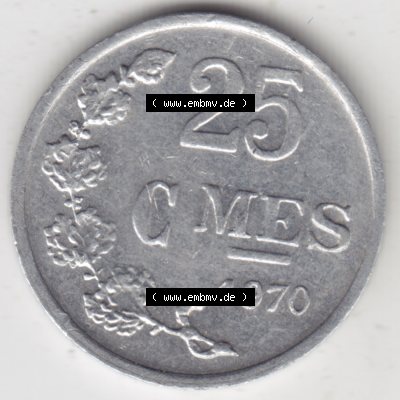 Münzen Luxemburg Umlaufmünze 1954-1972, 25 Centimes - C-MES 1970, Bild mit Vorderseite der Münze als Bildmaterial Sammlung