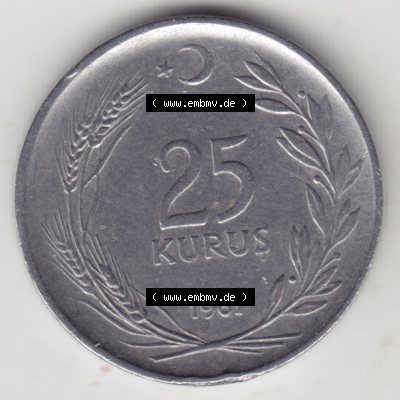 Münzen Türkei Umlaufmünze 1960-1966, 25 Kurus. Vorderseite der Münze der Türkei als Bildmaterial für Sammler und Münzen-Webseiten hier im online Katalog... Sammlung