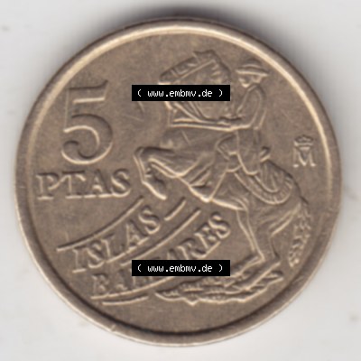 Münzen Spanien Umlaufmünze 1997-1997, 5 Peseten 1997. Vorderseite der alten Peseten Umlaufmünze aus Spanien vor Einführung der Euromünzen in Spanien zum katalogisieren... Sammlung
