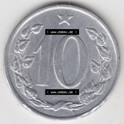 Münzen Tschechoslowakei Umlaufmünze 1961-1971, 10 Heller. Rückseite der Münze aus Tschechoslowakei als Bildmaterial für Sammler und Münzen-Webseiten hier im online... Sammlung