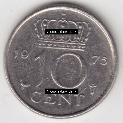 Münzen Niederlande Umlaufmünze 1950-1980, 10 Cent 1975, Bild mit Vorderseite der Münze als Bildmaterial Sammlung