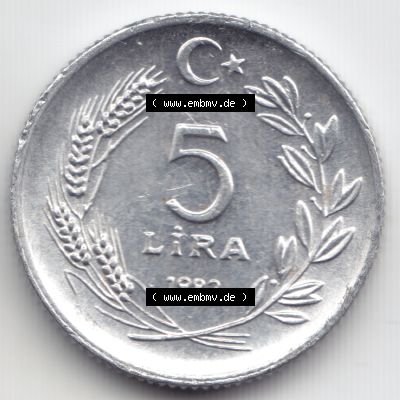 Münzen Türkei Umlaufmünze 1982-1982, 5 Lira. Vorderseite der Münze der Türkei als Bildmaterial für Sammler und Münzen-Webseiten hier im online Katalog und... Sammlung