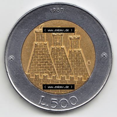Münzen San Marino Gedenkmünze 1987-1987, 500 Lire 15. Jahrestag - Wiederaufnahme der Münzenprägung. 500 Lire Gedenkmünzen von San Marino Eurovorläufer... Sammlung